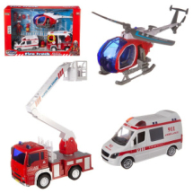 Игровой набор Junfa Служба спасения (пожарная машина, скорая помощь, вертолет, аксессуары), со световыми и звуковыми эффектами, в коробке