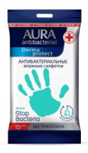 Влажные салфетки AURA антибактериальные Derma Protect АЛОЭ pocket-pack 15шт