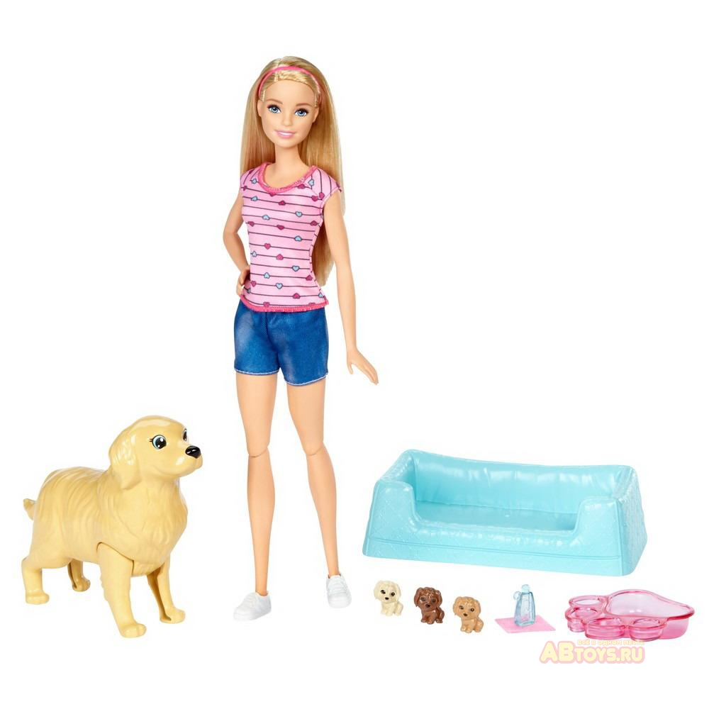 Игровой набор Mattel Barbie Семья Barbie Кукла и собака с новорожденными щенками