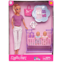 Игровой набор Кукла Defa Lucy Молодая мама в полосатой футболке и белых брюках, 2 близнеца в кроватке, игровые предметы