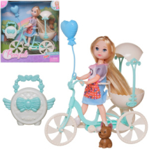 Игровой набор Junfa Кукла 13 см на бело-бирюзовом велосипеде с питомцем и игровыми предметами