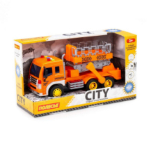 Машинка Полесье Сити с подъёмником инерционная со светом и звуком оранжевый в коробке