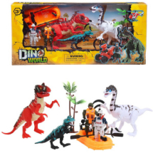 Игровой набор Junfa "Мир динозавров" (2 больших динозавра, маленький динозавр, 2 фигурки человека, лодка, аксессуары)