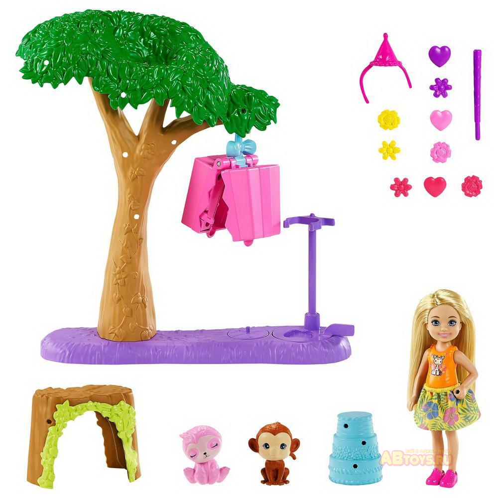 Игровой набор Mattel Barbie Челси в Джунглях с куклой блондинкой, щенками и аксессуарами для игры в футбол