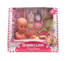 Кукла DIMIAN Bambolina PlayTime Пупс пьет и писает, с аксессуарами для купания (ванночка, бутылочки, халат), 33см