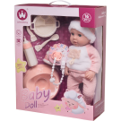 Игровой набор Junfa Пупс-кукла 40 см в розово-белом комбинезоне и игровые предметы